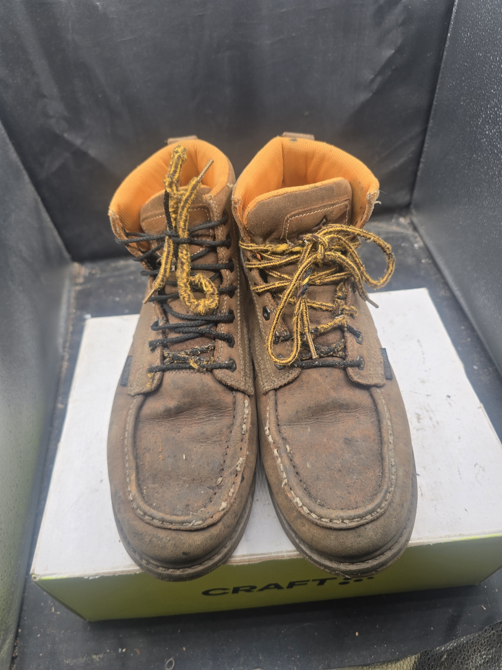 Craft Men's Brown Work Boots with Orange Collar and Yellow Accent Laces